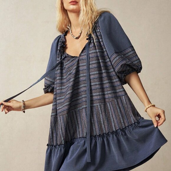 Multicolor Cute Women's Vacation Contrast Striped Ruffle Hem Tie Neck Dress - Picture 6 of 8